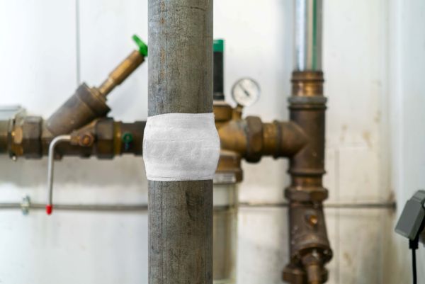 Opravná páska aplikovaná na svislou kovovou trubku v technickém zařízení.