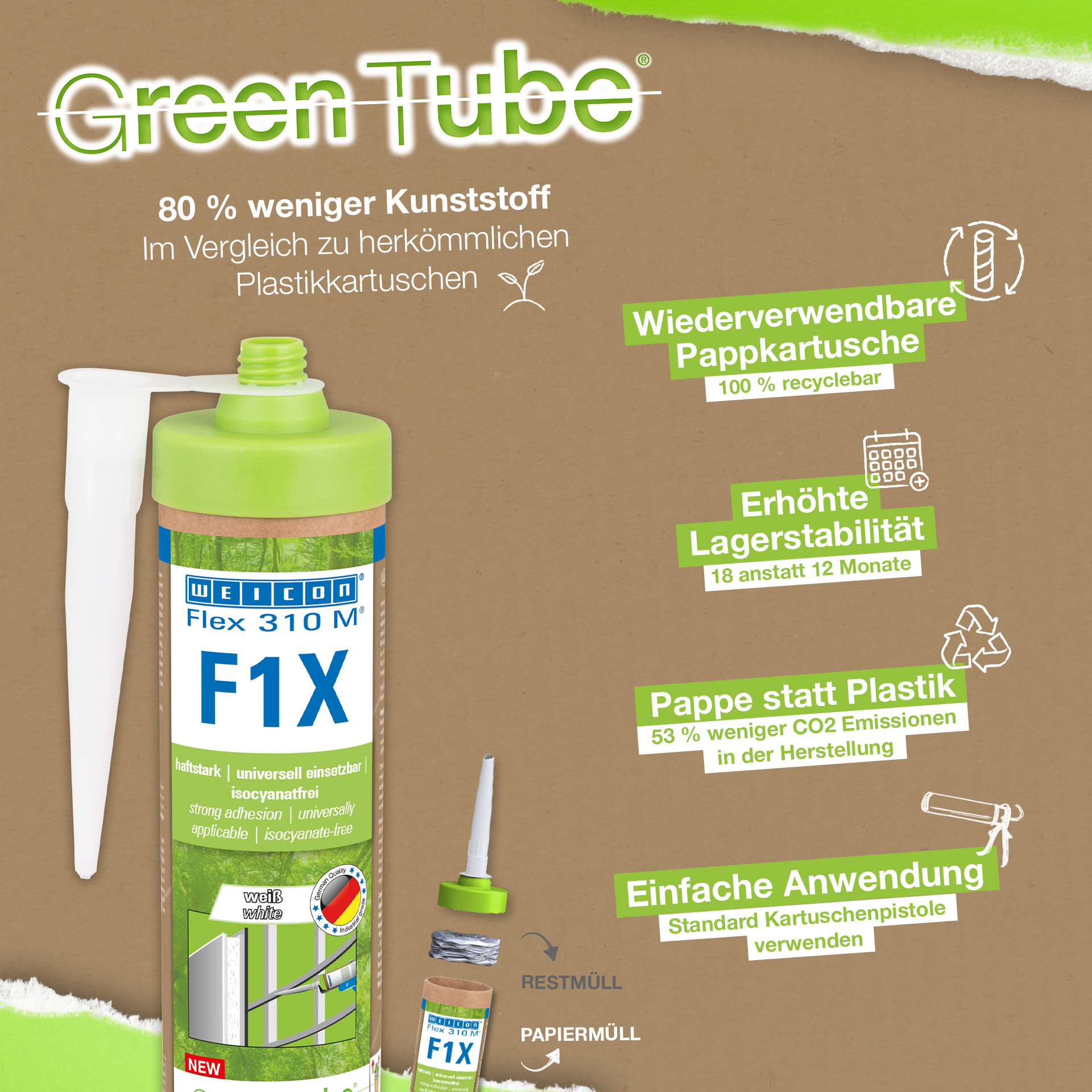 WEICON Green Tube Flex 310 M F1X | Lepidlo a těsnění na bázi MS polymerů s velmi vysokou počáteční přilnavostí, odolný vůči teplotám do 180 °C.