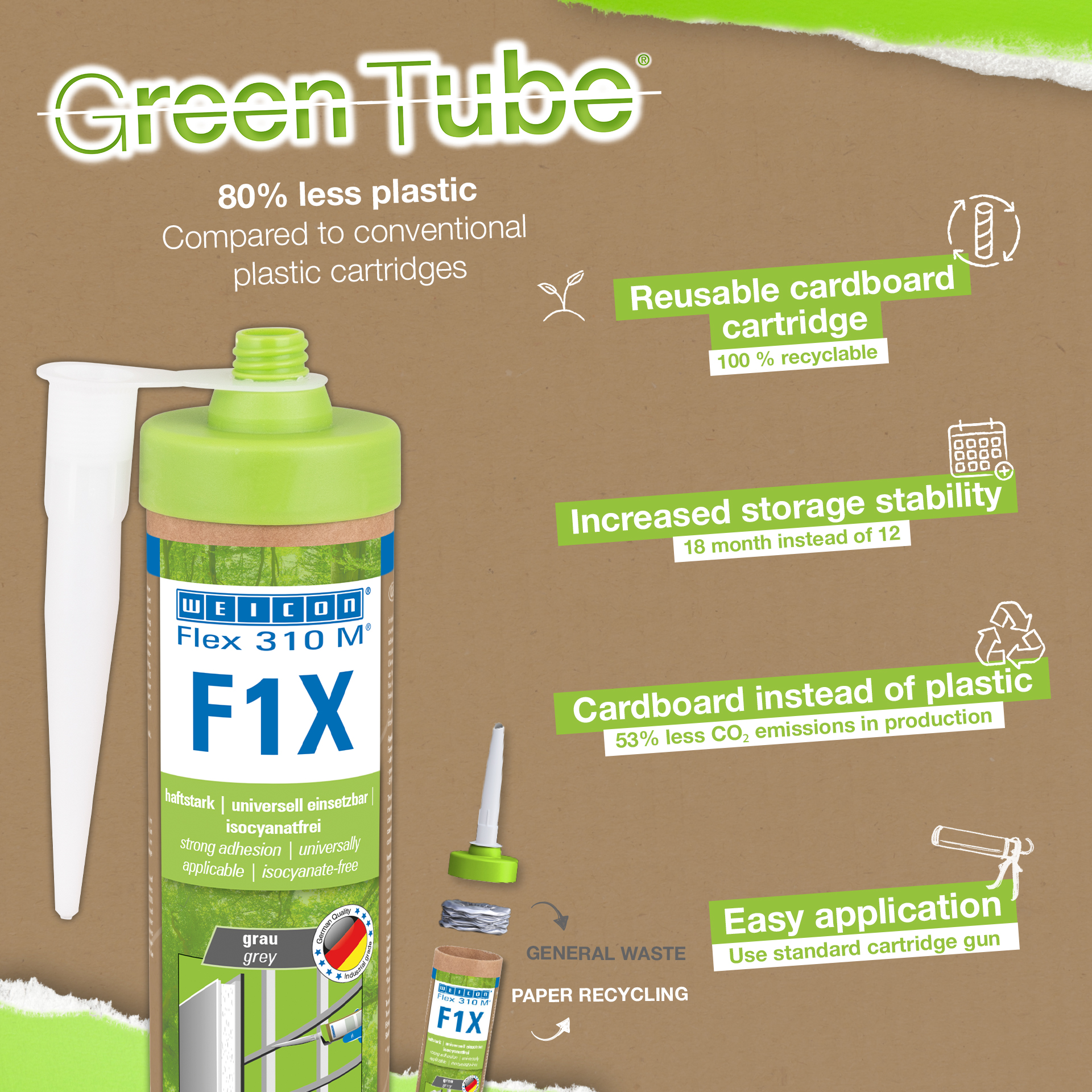 WEICON Green Tube Flex 310 M F1X | Lepidlo a těsnění na bázi MS polymerů s velmi vysokou počáteční přilnavostí, odolný vůči teplotám do 180 °C.