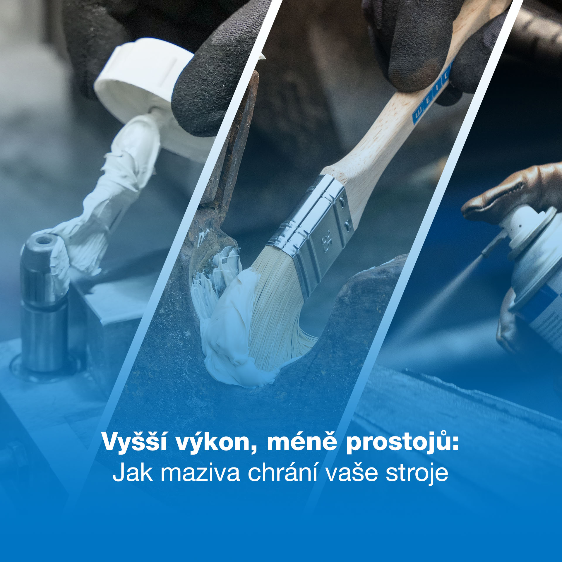 Jsou představeny 2 způsoby nanášení (štětec, sprej) maziv